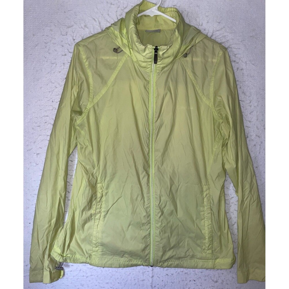 Columbia Packable Windbreaker Hooded Jacket Womens sz L Full Zip Running Neon